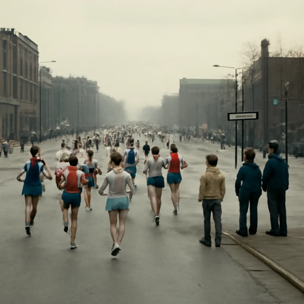 A crowded road marathon from the late 1970s–1980 showing runners on a city street with minimal signage and volunteers at an intersection.