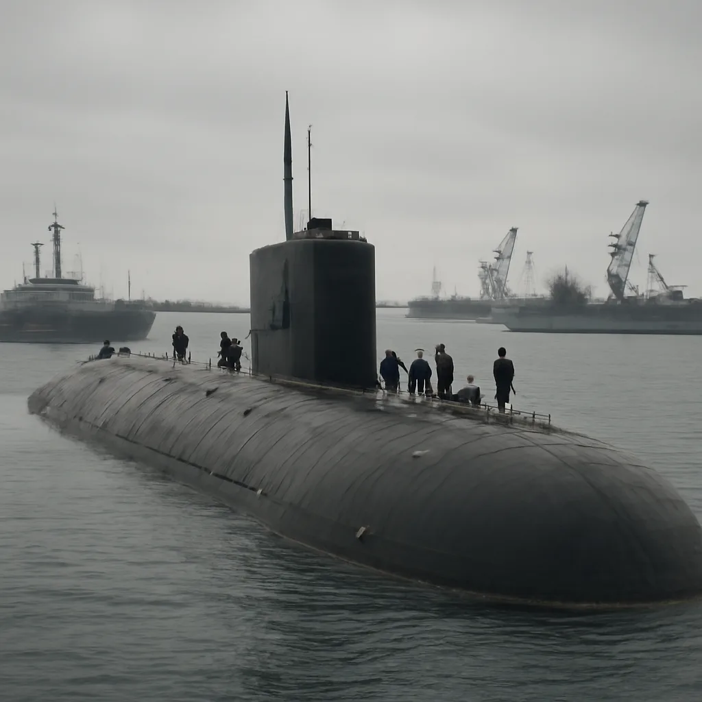 An Oscar-class Russian nuclear-powered cruise missile submarine at sea, seen from a distance with naval support ships nearby; overcast sky and calm waters.