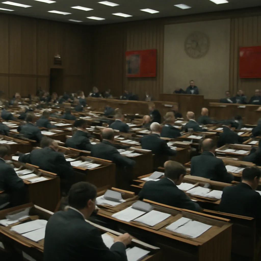 Wide view of a late 1991 Russian parliamentary chamber filled with deputies in Soviet‑era clothing, papers and flags, conveying an intense legislative session addressing the end of the USSR.