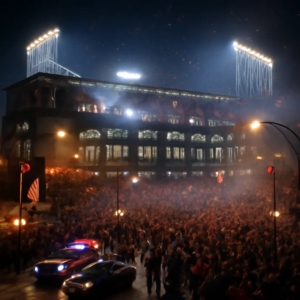 Exterior view of a baseball stadium at night with celebratory crowds and banners indicating a championship celebration, viewed from a distance.