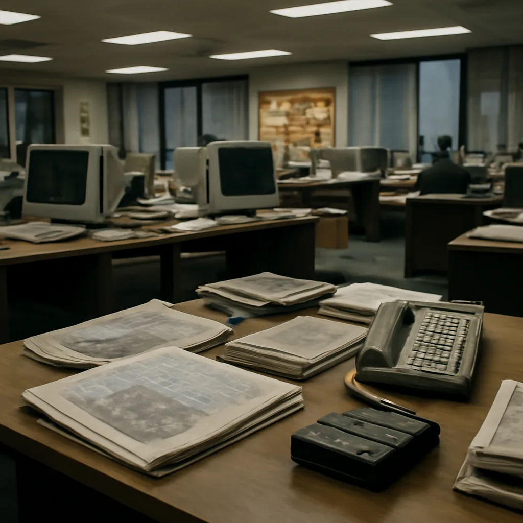Late 1990s newsroom with stacks of newspapers and a landline telephone on a desk, evoking media coverage of private telephone recordings.