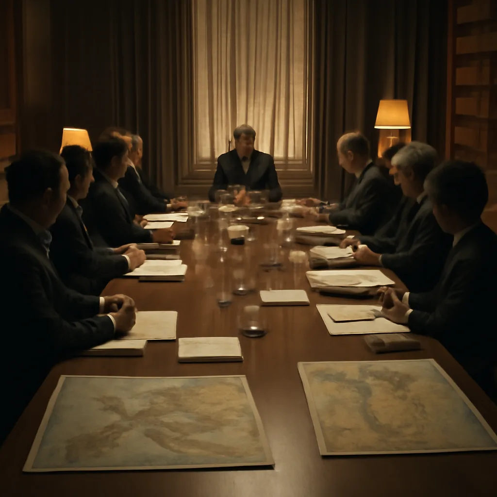 Officials in a dimly lit conference room around a table with papers and maps, late 1980s European diplomatic setting, no identifiable faces.