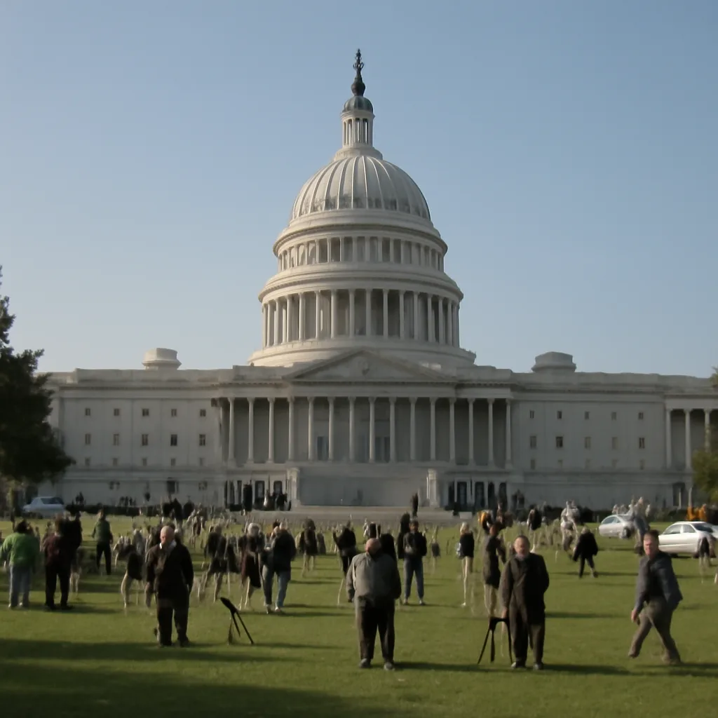 U.S. Capitol on a clear day in September 2001 with flags at full staff; visible crowd and media equipment on the Capitol grounds.