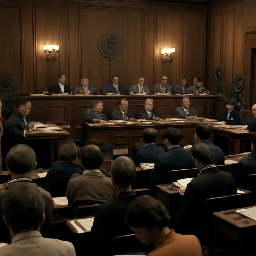 A wide courtroom-style hearing room with senators seated at a long wood dais, microphones and stacks of documents on the table, reporters and television cameras in the gallery, and a somber, formal atmosphere typical of 1970s congressional hearings.