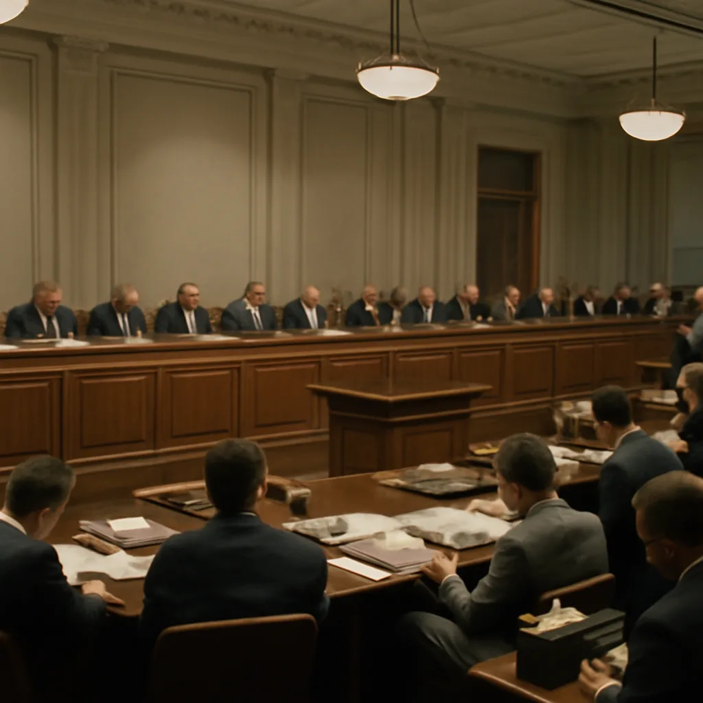A 1950s Senate hearing room with men in suits seated at a long table before microphones, senators reviewing documents, and reporters in the gallery.