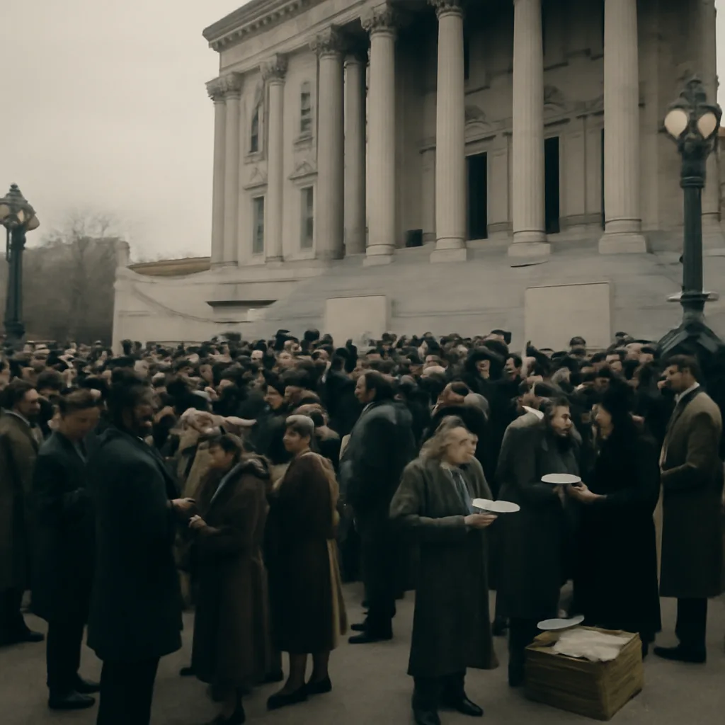 Crowd outside a state capitol in 1933, celebrating the repeal of Prohibition with banners and people in period clothing; no identifiable individuals.