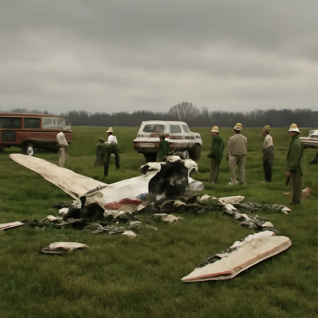 Debris-strewn rural crash site with emergency vehicles and investigators; wreckage fragments, rescue equipment, and personnel present, scene set in early 1980s attire and vehicles.