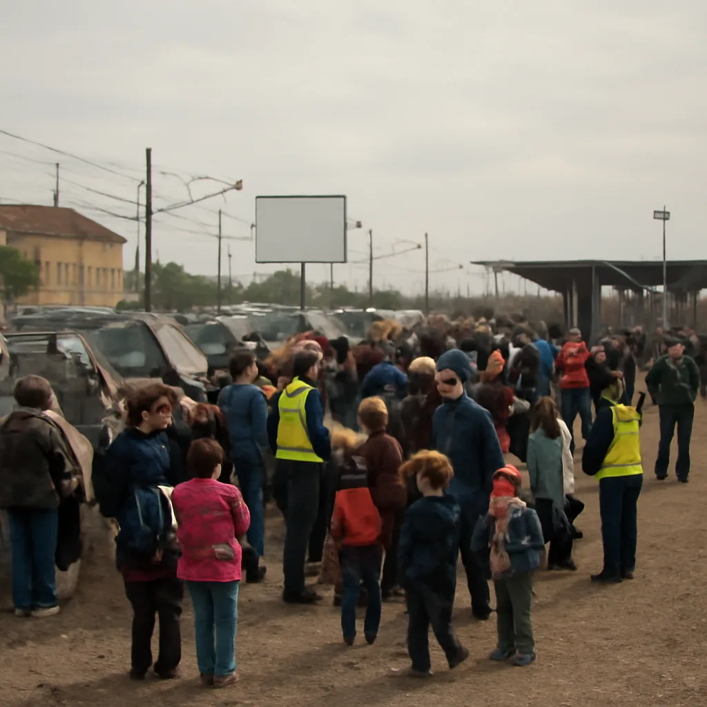 Crowd of people with luggage and children at a crowded transit point near a European border crossing, temporary shelters and police barriers visible in the background.