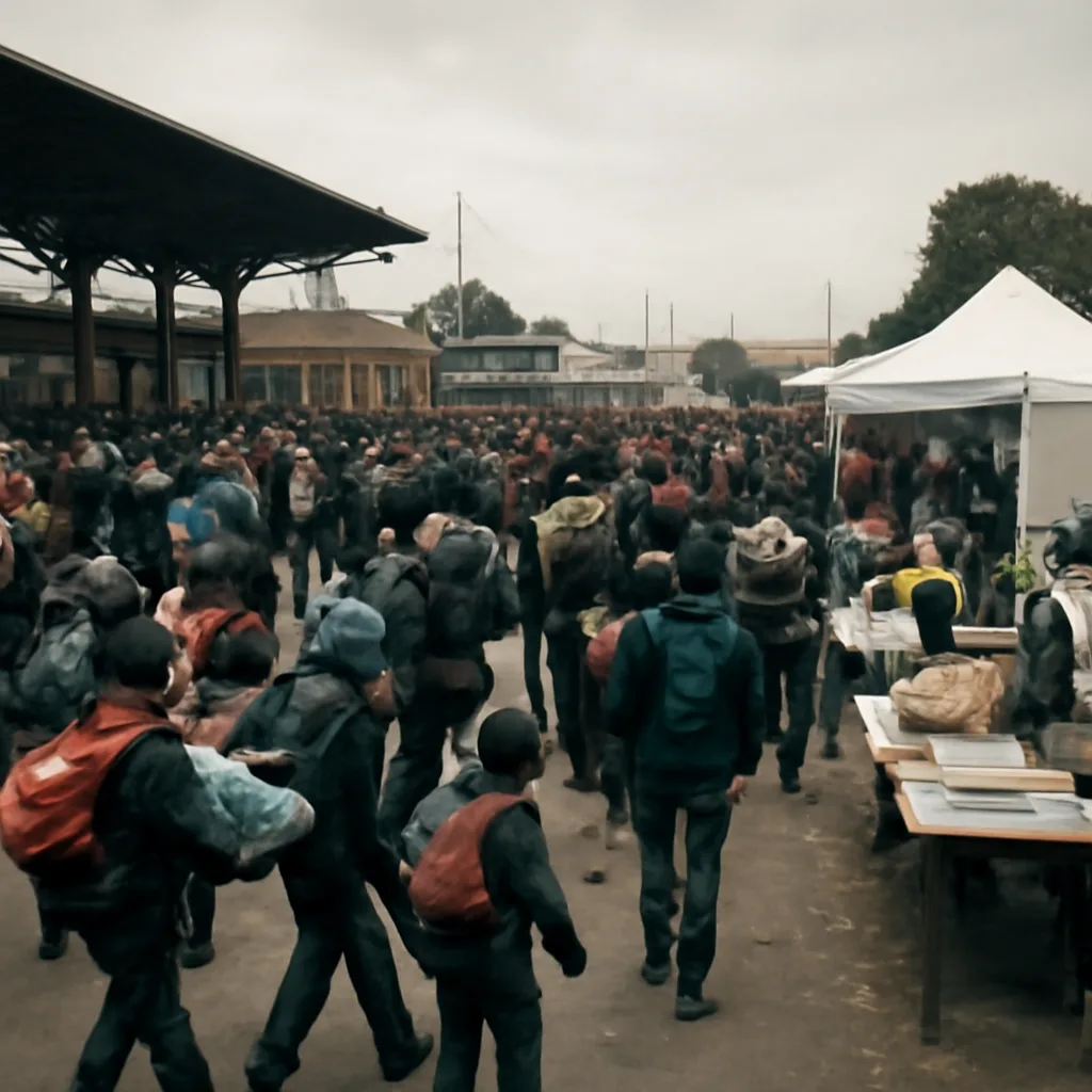 Crowds of refugees and migrants gathered at a crowded train station and makeshift reception area near a European border in September 2015, with luggage and children visible and volunteers distributing aid.