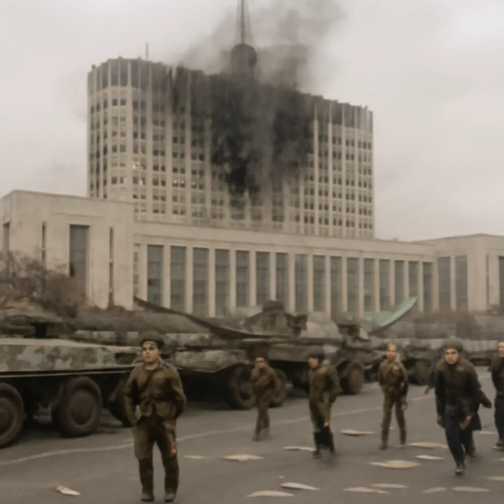 The Russian White House (parliament building) in Moscow under attack in October 1993: smoke and damage to the façade, armored vehicles near the building and people in winter coats on nearby streets.