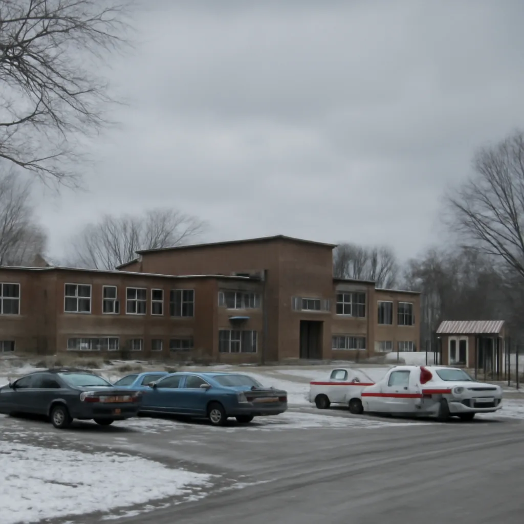 Exterior view of a suburban elementary school building and entrance area in winter, with emergency vehicles parked nearby; scene is solemn and respects victims.