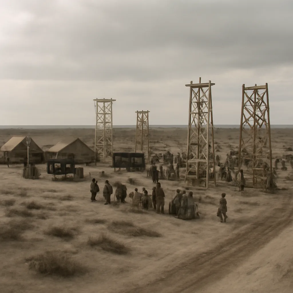 A remote desert landscape in the 1940s with temporary military structures, instrumentation towers and observation posts under construction, trucks and canvas tents clustered on dusty ground.