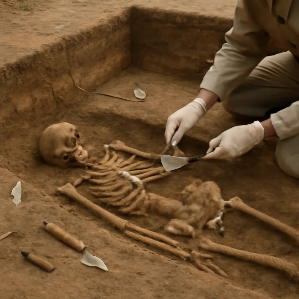 Excavation trench showing a partially exposed burial pit with skeletal remains and a small folded inscribed tablet on the chest area, surrounded by excavation tools and labeled context markers.