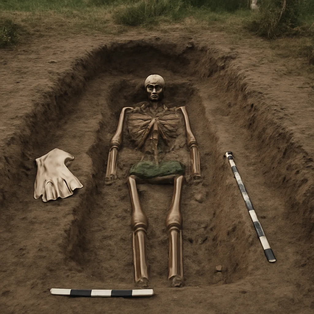 An archaeological burial trench with scattered skeletal remains and a corroded metal pelvic plate laid beside the pelvis; surrounding soil matrix and excavation tools visible.