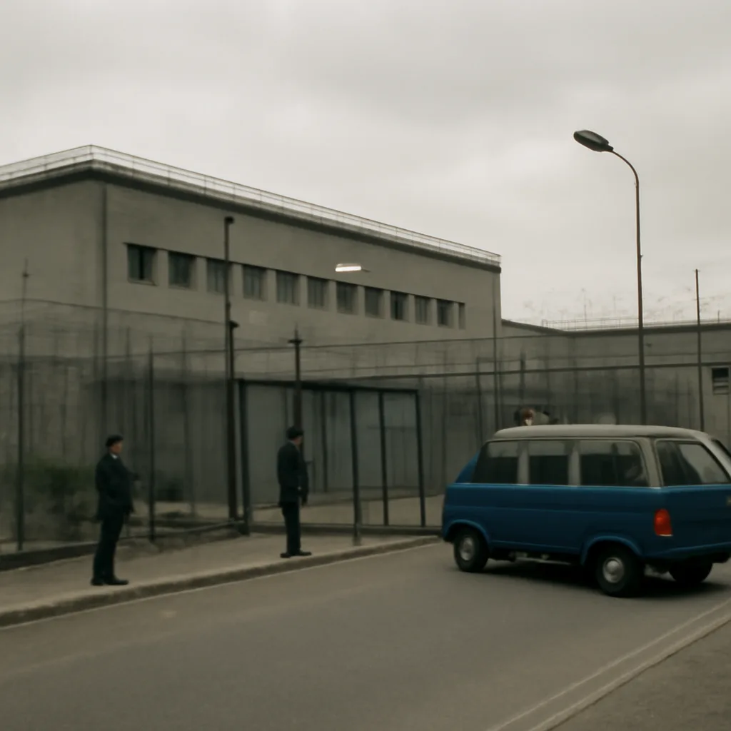 Exterior view of the Scheveningen detention complex in The Hague with a police van and guarded entrance, on an overcast day.