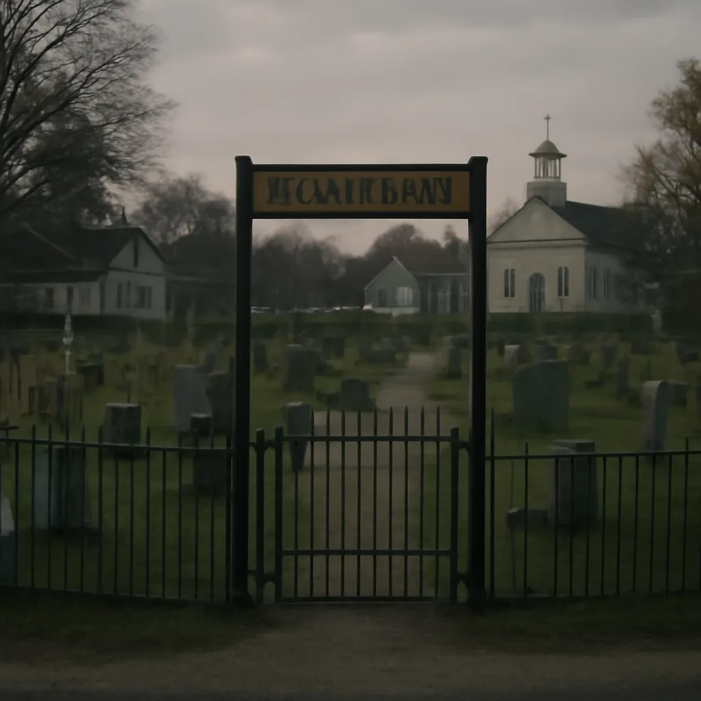A small town cemetery with filled rows of headstones and a closed gate; nearby houses and a town hall visible in the distance.