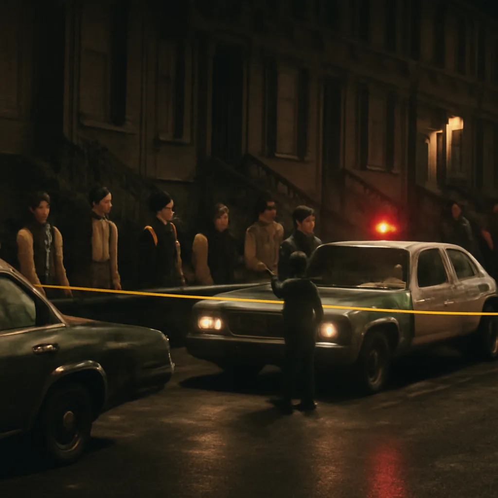 Nighttime street in 1970s New York City: a parked car near a sidewalk under sodium streetlights, a police cruiser with rooftop light, and onlookers kept at a distance.