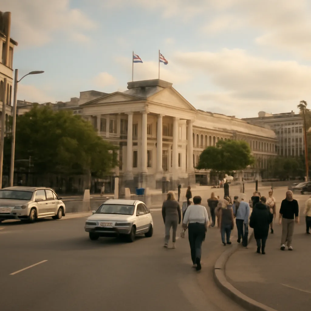 A wide exterior view of South African Parliament buildings and adjacent public space in early 1990s style, with small groups of people and banners indicating political activity but no identifiable faces.