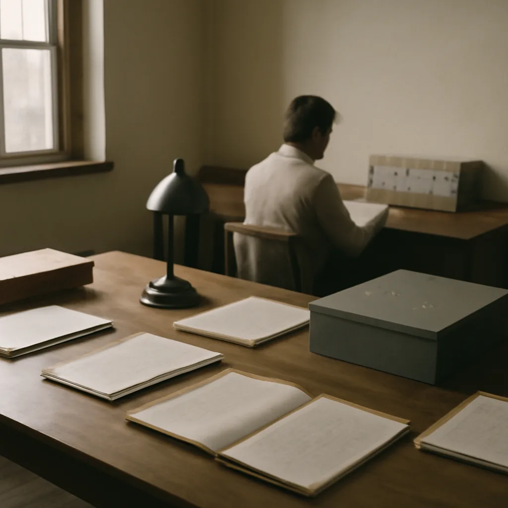 A table in an archival reading room with bound folders, typed and handwritten prison-era documents, and a closed ledger, under soft overhead lighting.