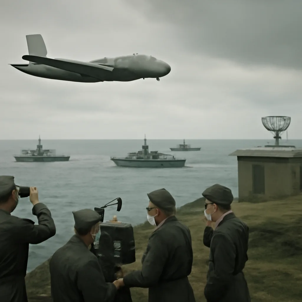 Cold War-era reconnaissance aircraft flying over a coastal region with naval vessels visible below; cloudy sky, 1960s military equipment and uniforms visible but no identifiable faces.