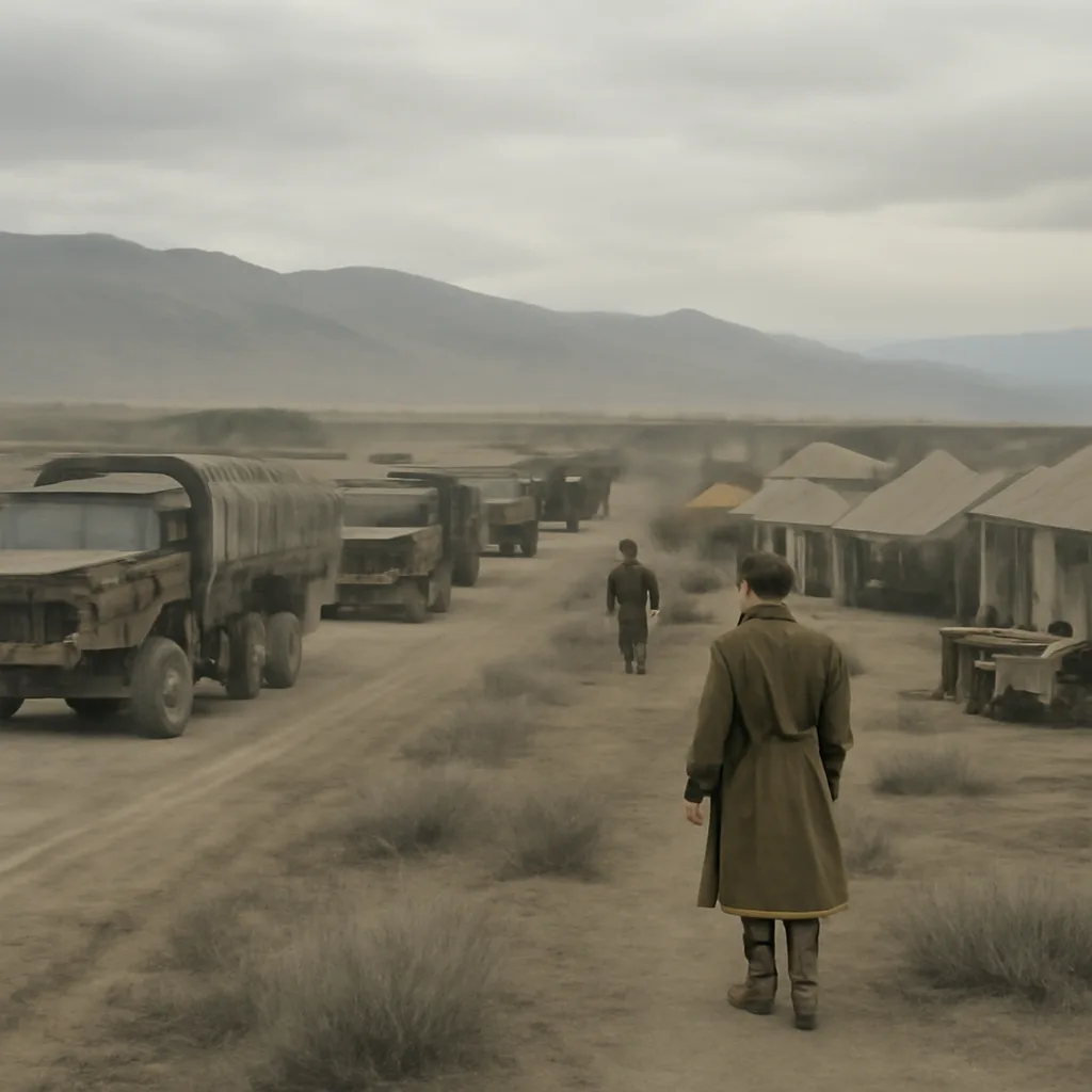 Soviet military transport vehicles and columns on a dusty road in a Central Asian landscape in late 1970s military staging, with tents and supply trucks; no identifiable faces.