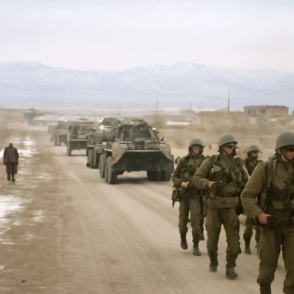 Soviet military vehicles and paratroopers moving along a road near a dusty Afghan town in winter, with low mountains in the background and locals at a distance.