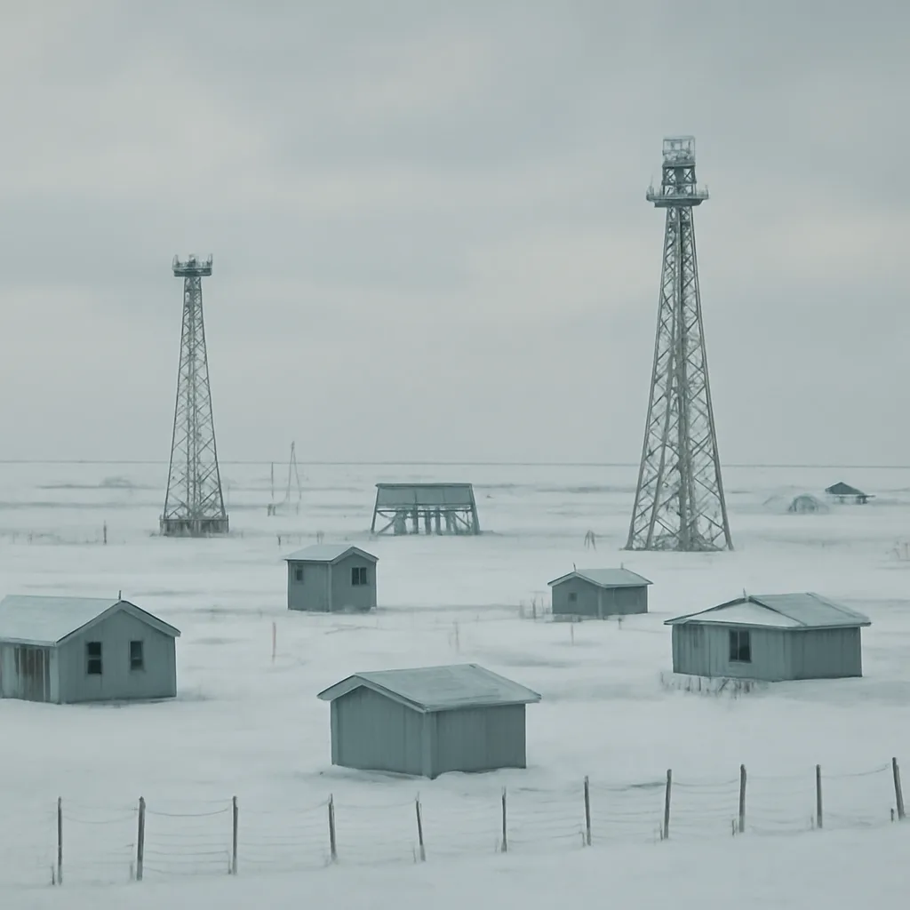Snow-covered Soviet nuclear test range with instrumentation shelters and distant bunkered observation posts under a gray January sky, circa 1960s.