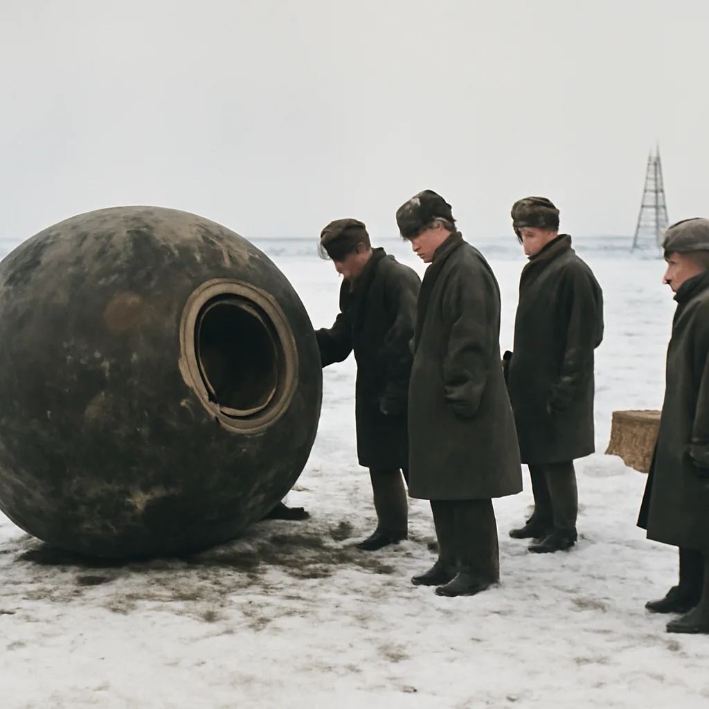 A small spherical reentry capsule on a snowy recovery field, surrounded by technicians in 1950s Soviet-era cold-weather clothing and a tracked recovery vehicle in the background.