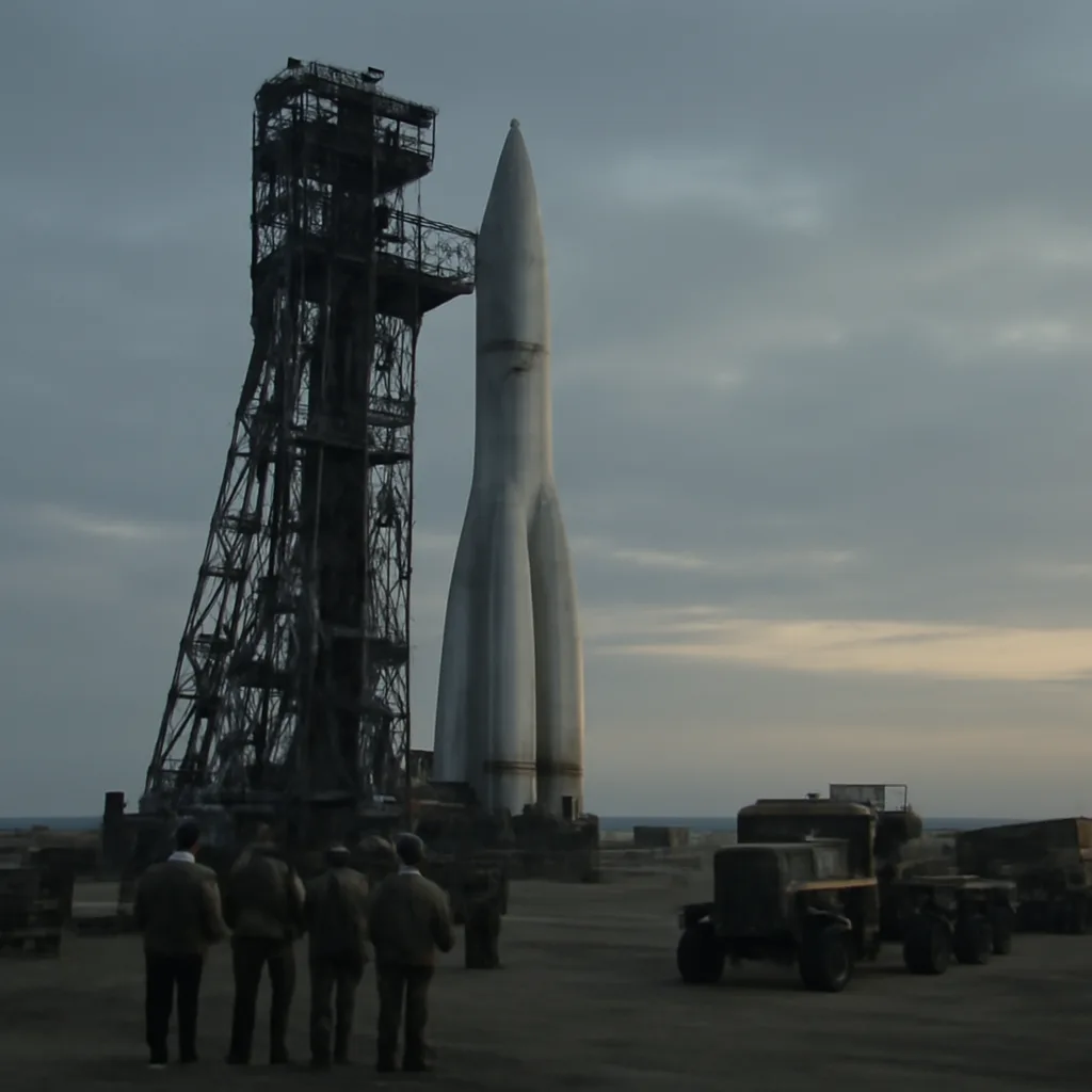 A mid-20th-century Soviet rocket on a launch pad with engineers nearby; no identifiable faces, period equipment and vehicles visible.