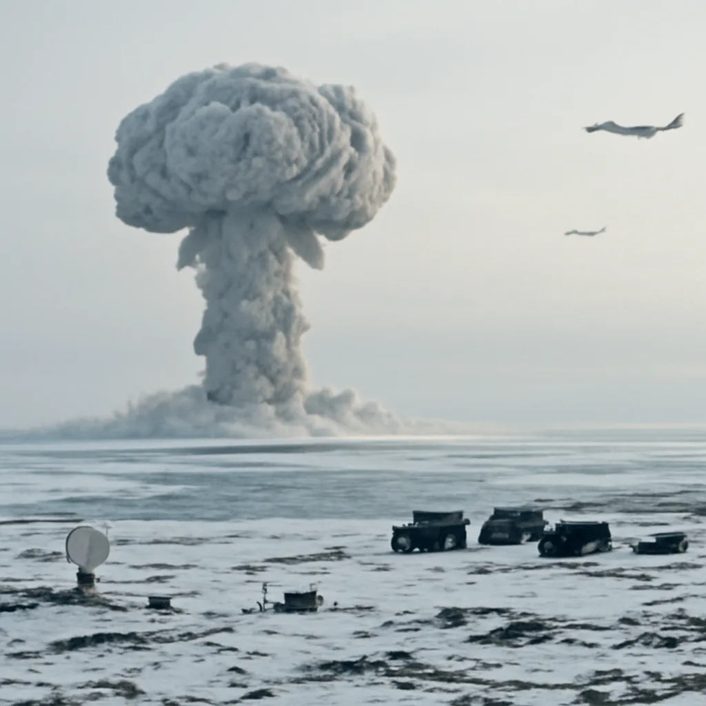 Massive mushroom cloud from the 1961 Tsar Bomba detonation over Novaya Zemlya, with a vast Arctic horizon and distant observation aircraft silhouettes.