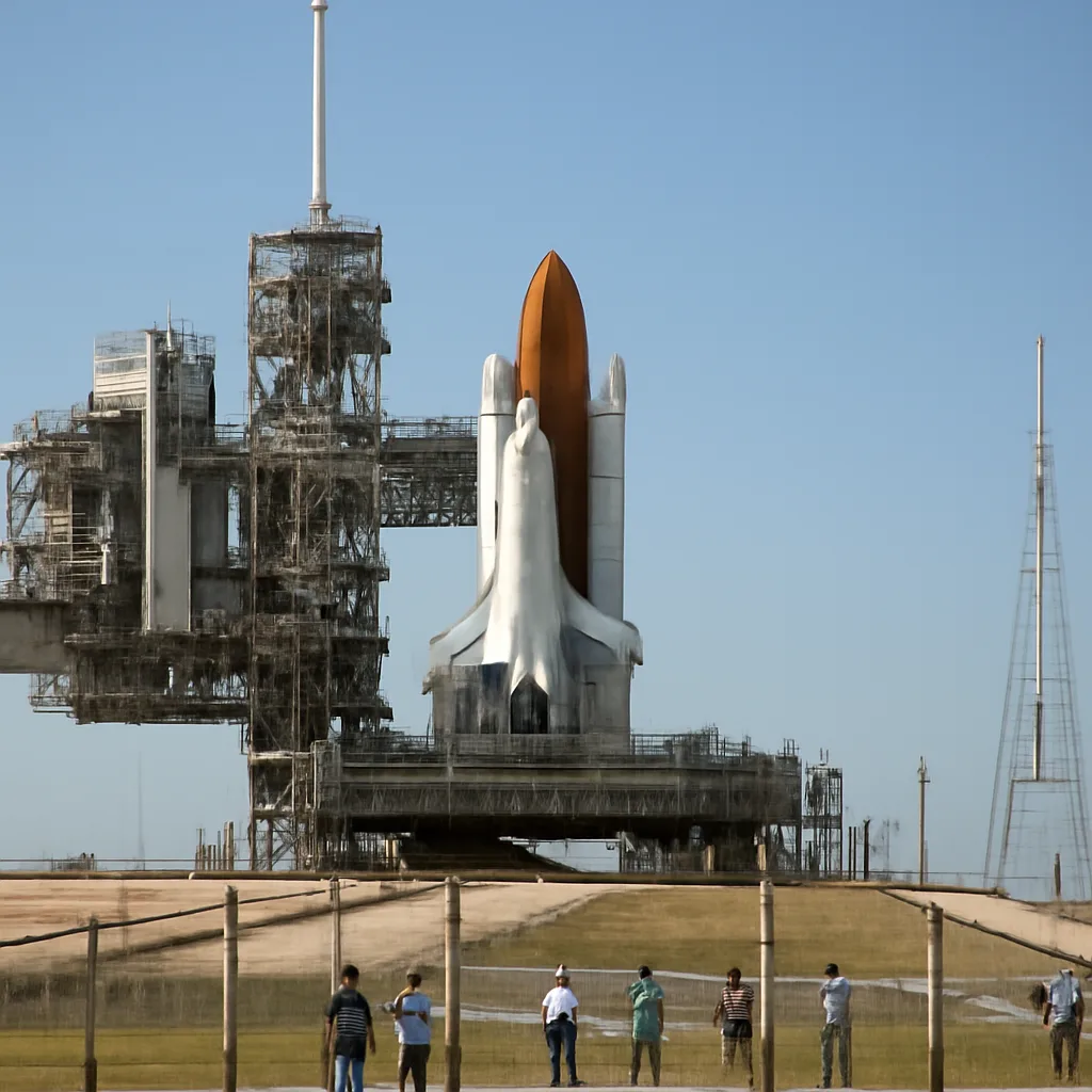 Space Shuttle Atlantis on the launch pad at Kennedy Space Center shortly before liftoff, with the external fuel tank and solid rocket boosters visible and service structures nearby.