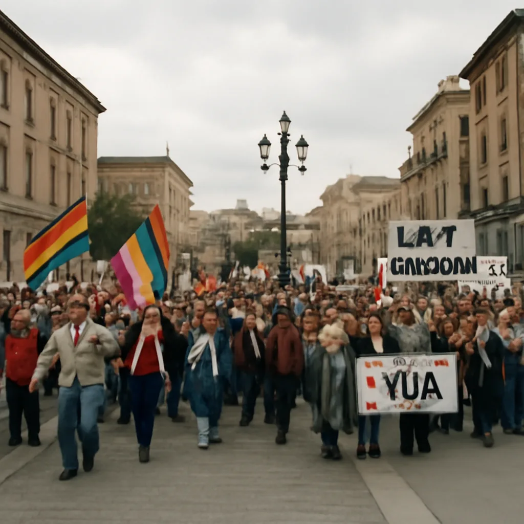 Crowds in a Spanish city street with banners and flags, some demonstrating in favour of same-sex marriage and others protesting against it, October 2005.