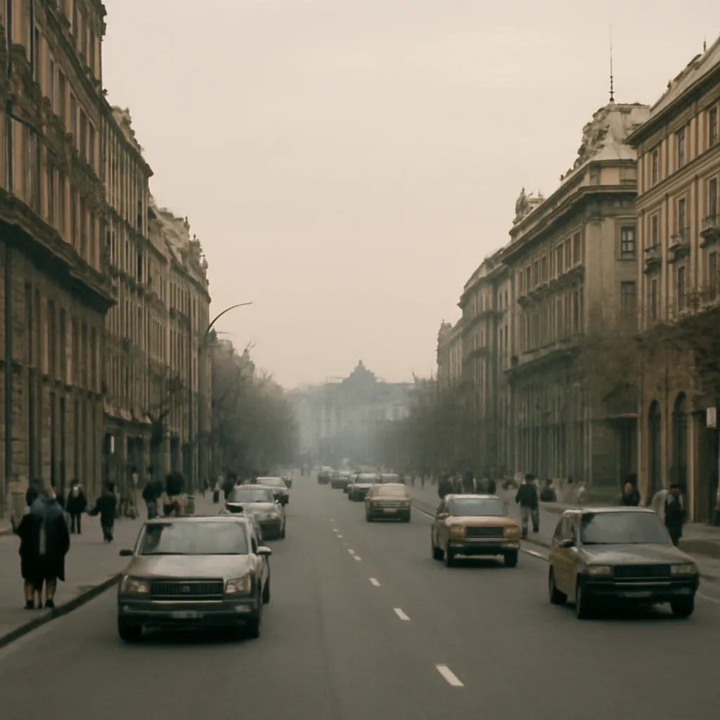 A wide view of Madrid in the 1970s with the Royal Palace and Franco-era state banners removed, showing period vehicles and crowds in sober attire reflecting a national moment of transition.