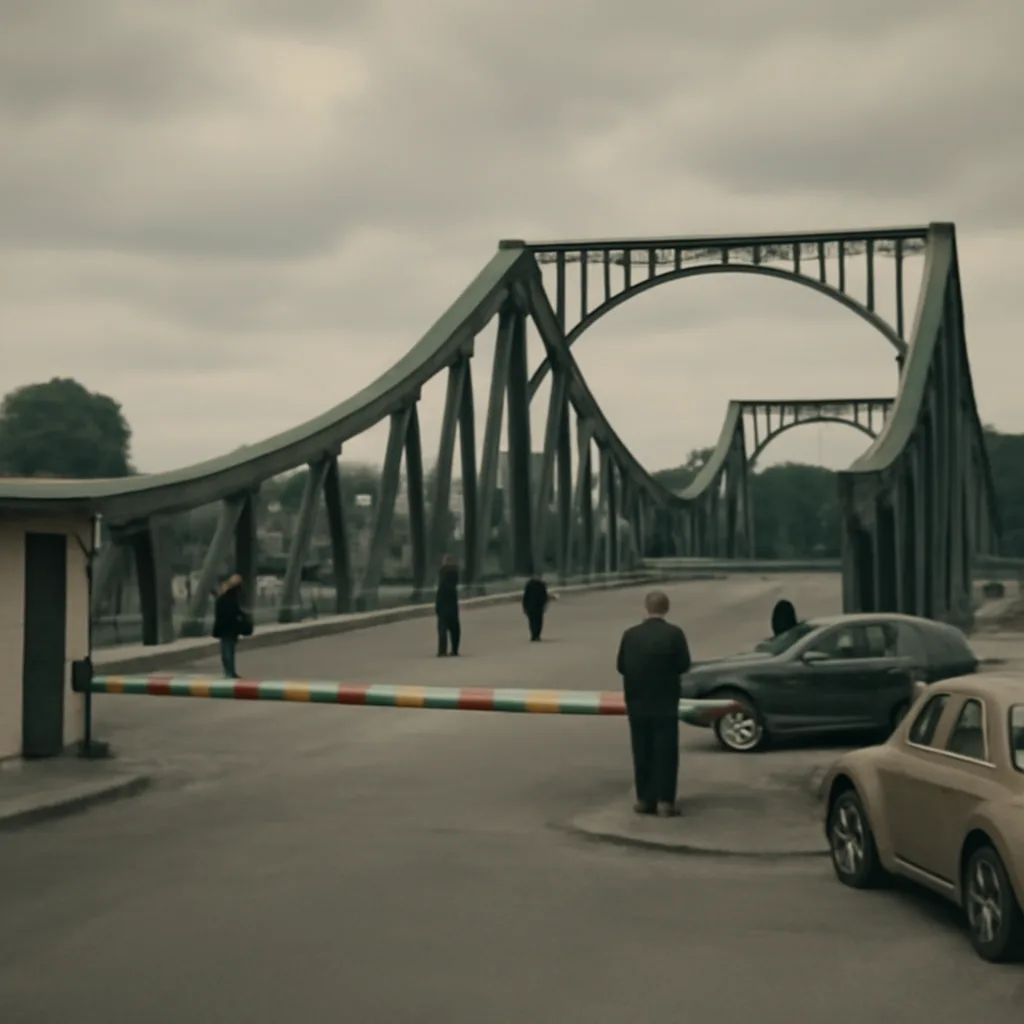 Glienicke Bridge over the Havel River in 1960s setting, with a narrow roadway between riverbanks, guard posts and period vehicles nearby, viewed from a distance.
