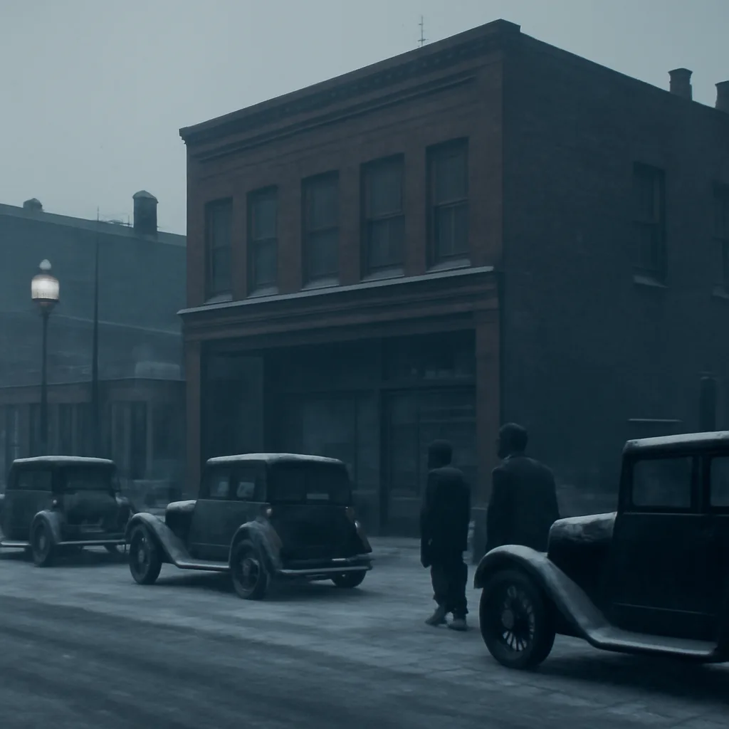 Exterior of a 1920s brick garage on a Chicago street with closed doors and early automobiles parked nearby, winter light casting long shadows; no identifiable faces.