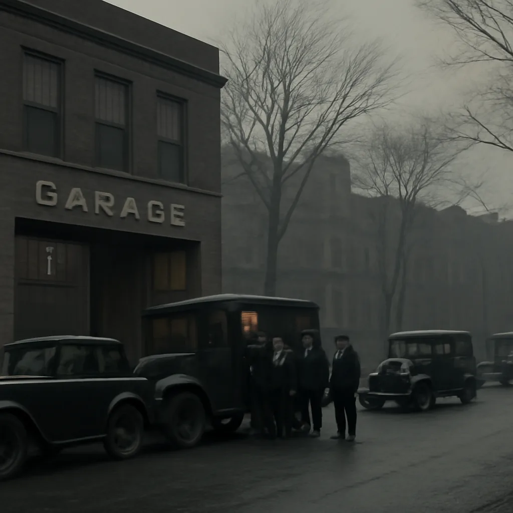 Exterior view of a 1920s brick automobile garage and street in Chicago, early morning, with a police wagon and uniformed officers outside; period cars parked on the street.