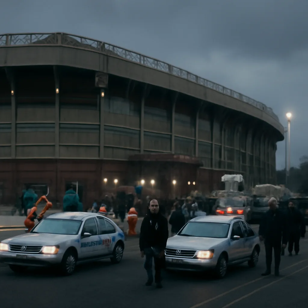 Exterior view of a large football stadium with police vehicles and emergency personnel outside; crowds standing at a distance behind a cordon while stewards and officers manage the scene.