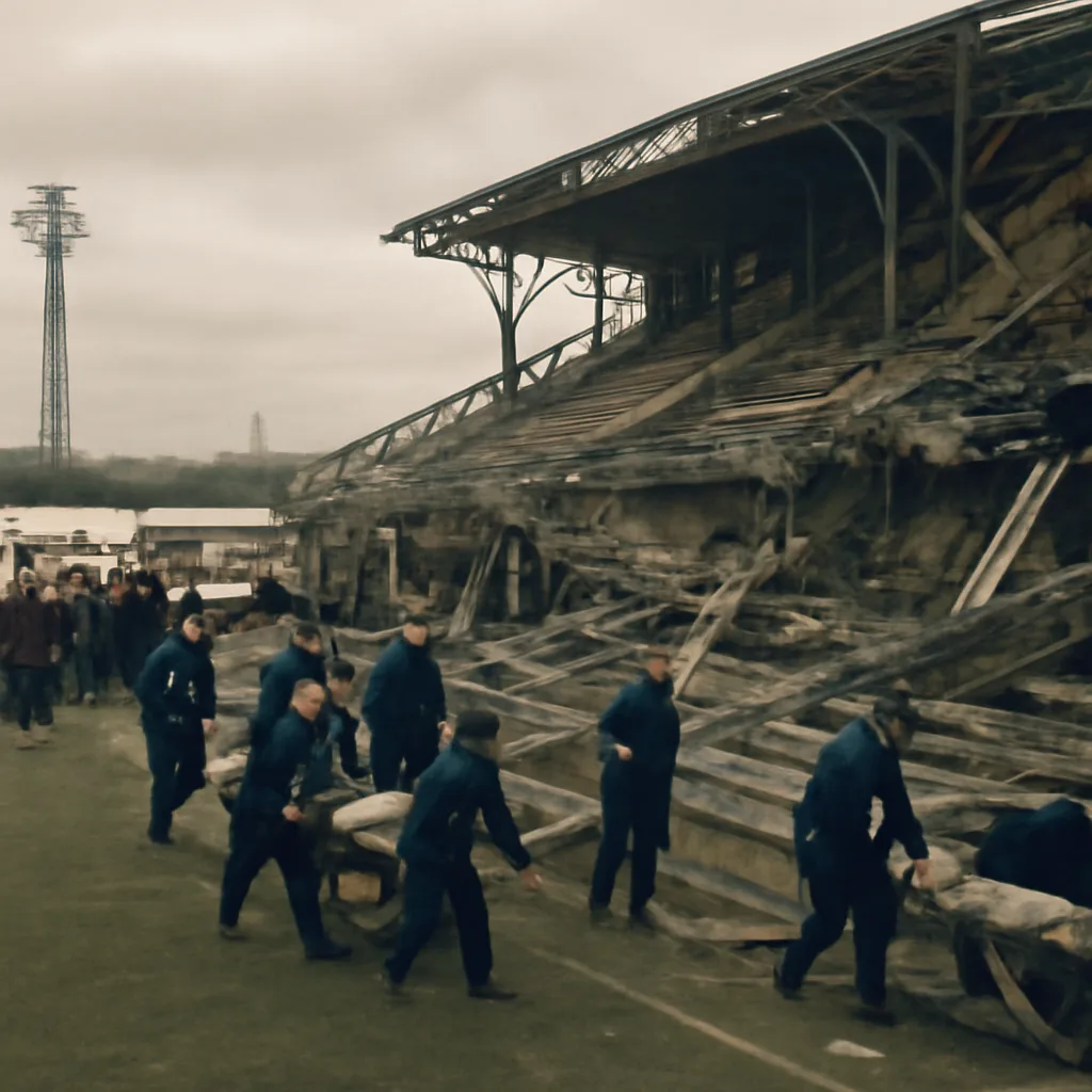 A collapsed wooden or concrete spectator stand at a 1960s-era football stadium with emergency responders and seated spectators nearby; debris and stretchered injured visible, no identifiable faces.