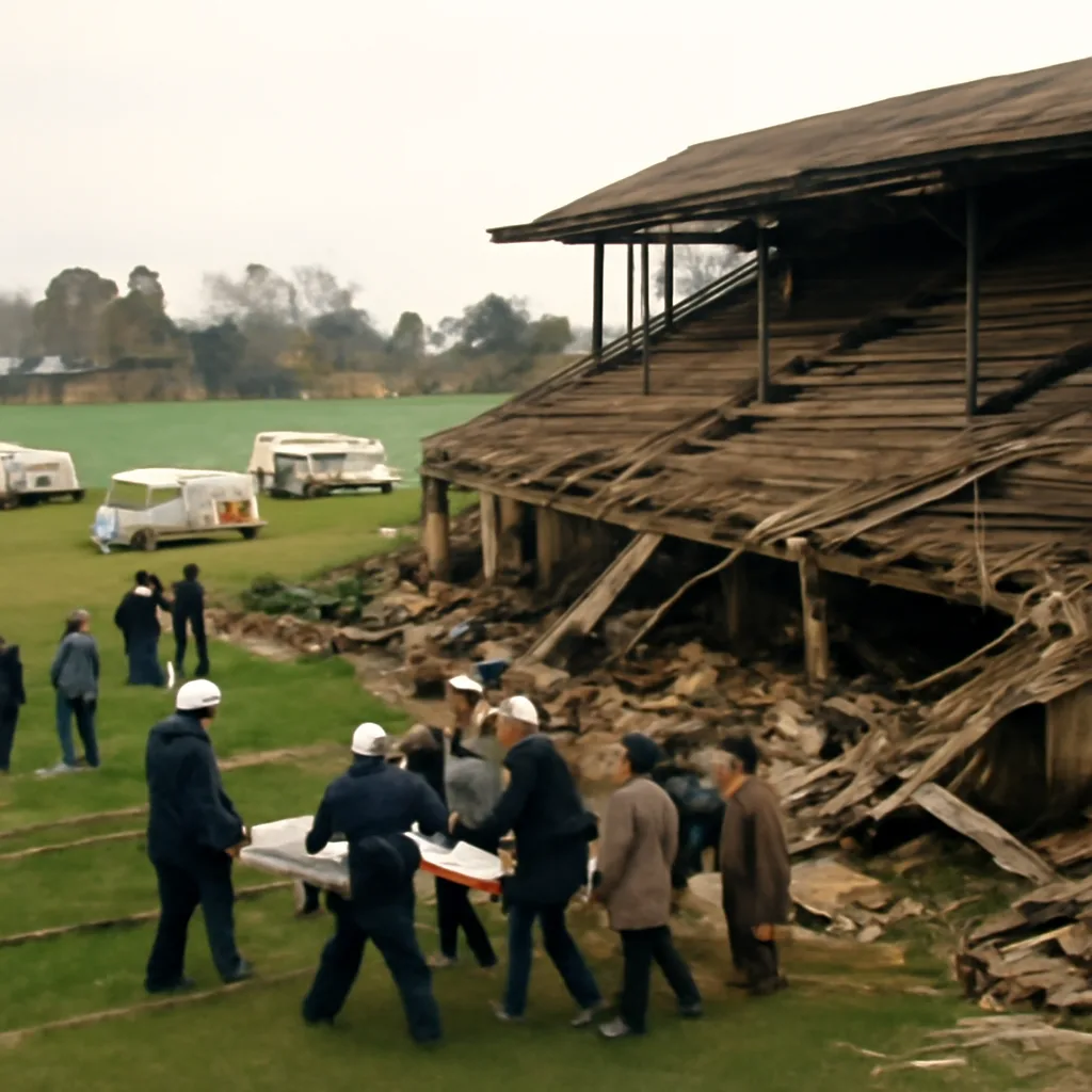 Collapsed spectator terrace at a cricket ground with debris on lower level, rescue workers and bystanders around the scene, early 1980s clothing and vehicles visible.