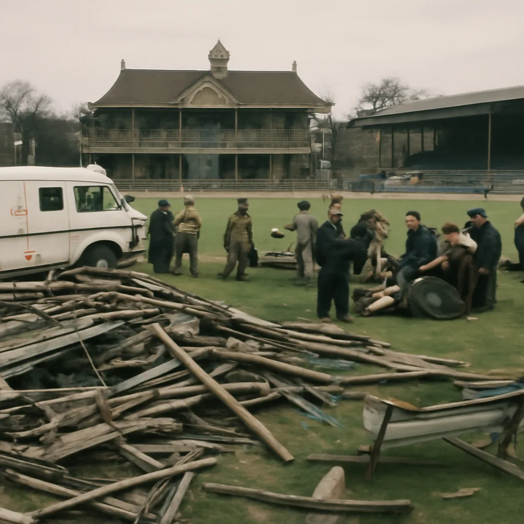 Collapsed temporary cricket terrace with scattered debris and first responders assisting injured spectators at an outdoor sports ground in daylight, early 1980s setting.