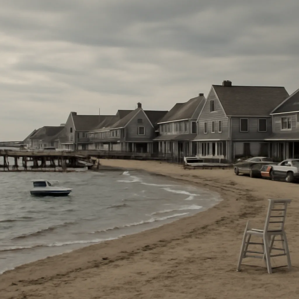 A 1970s coastal New England-style resort town pier and beach with a small wooden police boat offshore; overcast sky suggests tension.
