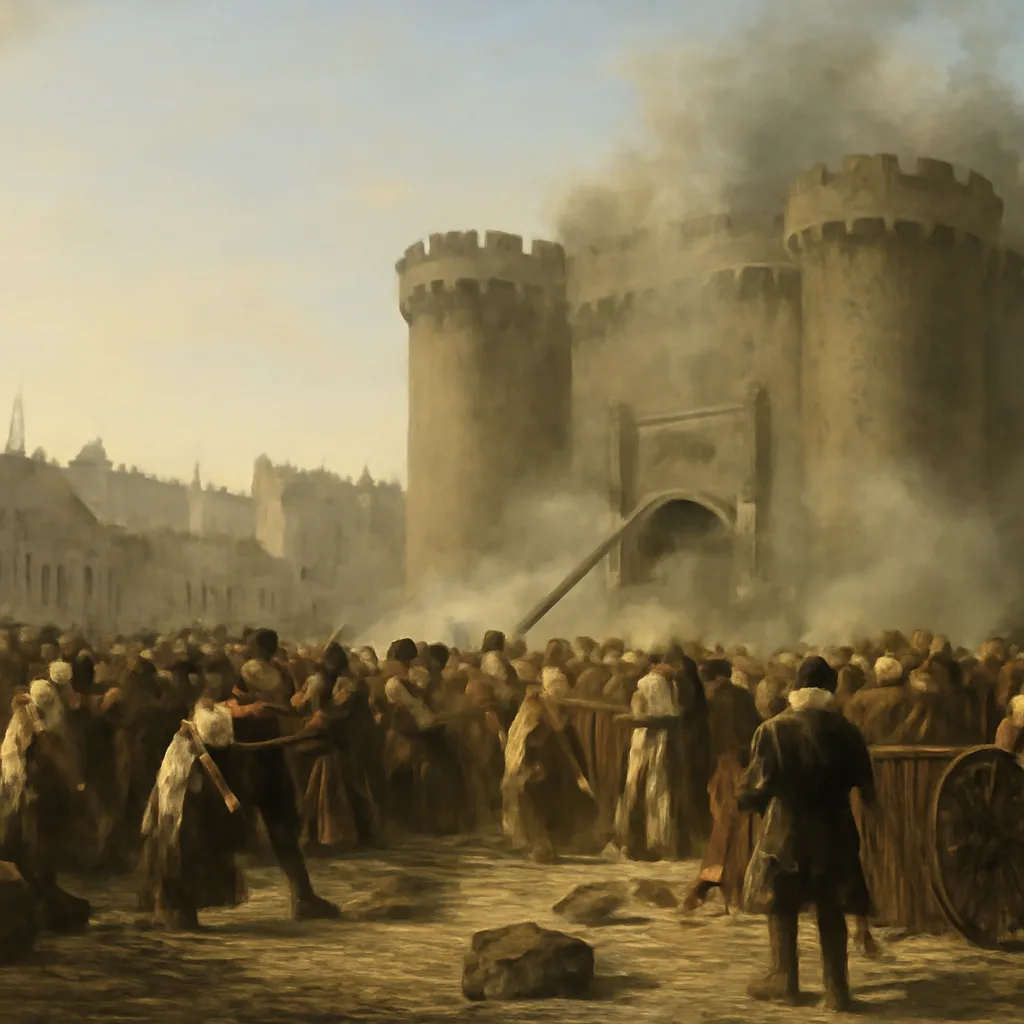 Crowd gathered outside the medieval fortress of the Bastille in Paris, smoke and debris around the gate as people pull down parts of the structure and soldiers stand nearby; period clothing and 18th-century arms visible.
