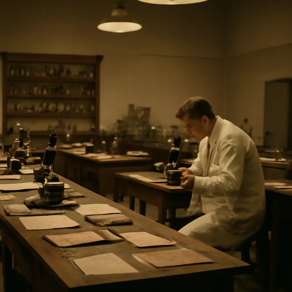 1950s clinical pathology laboratory with microscopes, glass slides and clinical notes on a table, showing period-appropriate equipment and lighting.