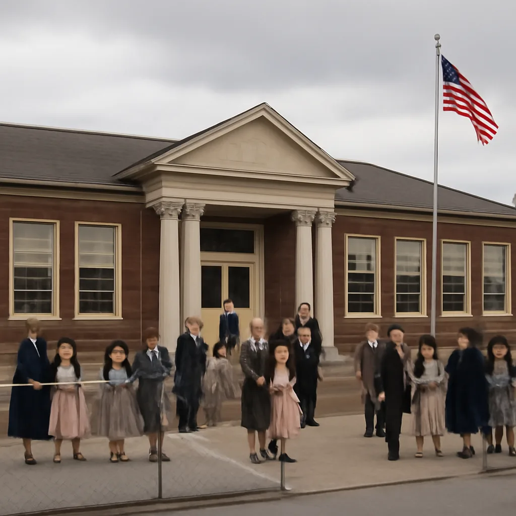 A mid-20th-century classroom exterior at a public school building with children and parents gathered outside; signage indicates a public school, and clothing reflects 1950s attire.