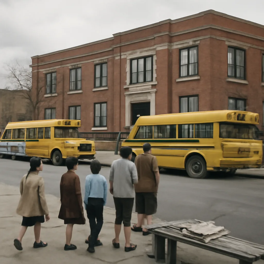 Students and school buses outside a mid-1960s public school building with signs of a school desegregation dispute visible in the surrounding neighborhood.