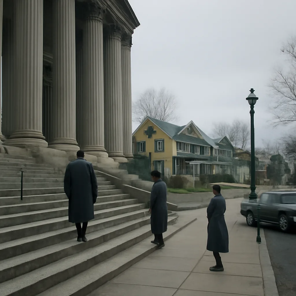 A 1960s courtroom exterior and a modest mid-20th-century Virginia street scene symbolizing the era; no identifiable individuals.
