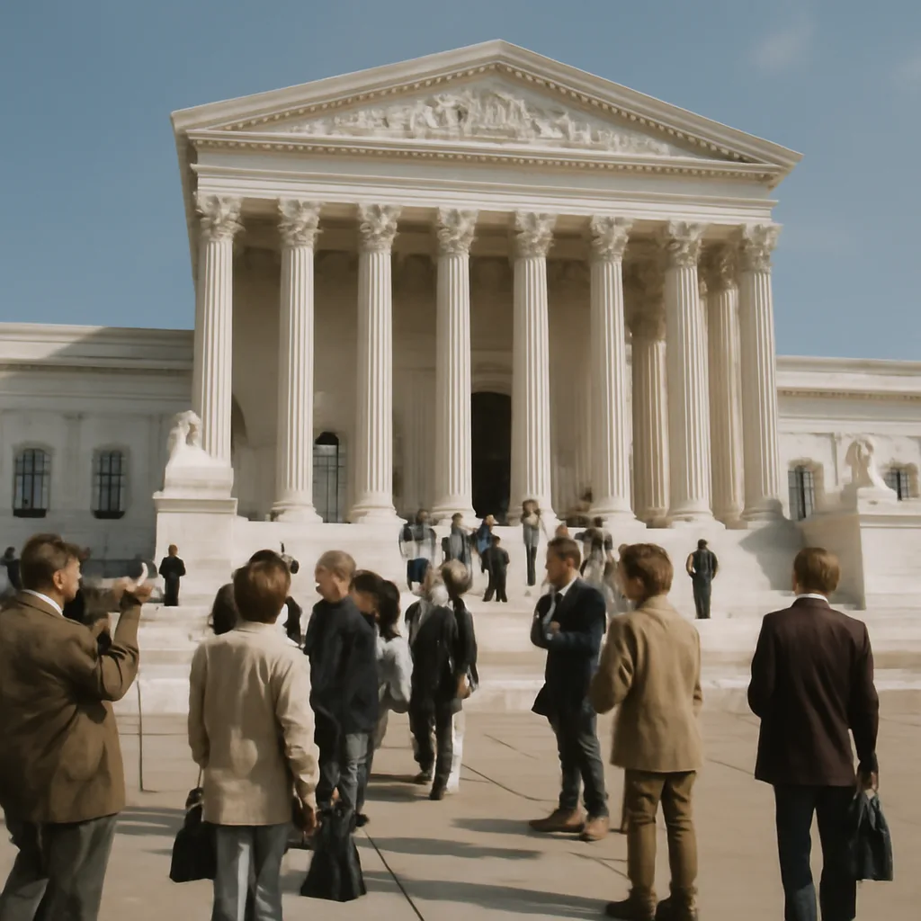 Crowd and reporters gathered outside the U.S. Supreme Court building in the early 1970s, with the Court’s facade visible and people in period-appropriate clothing.