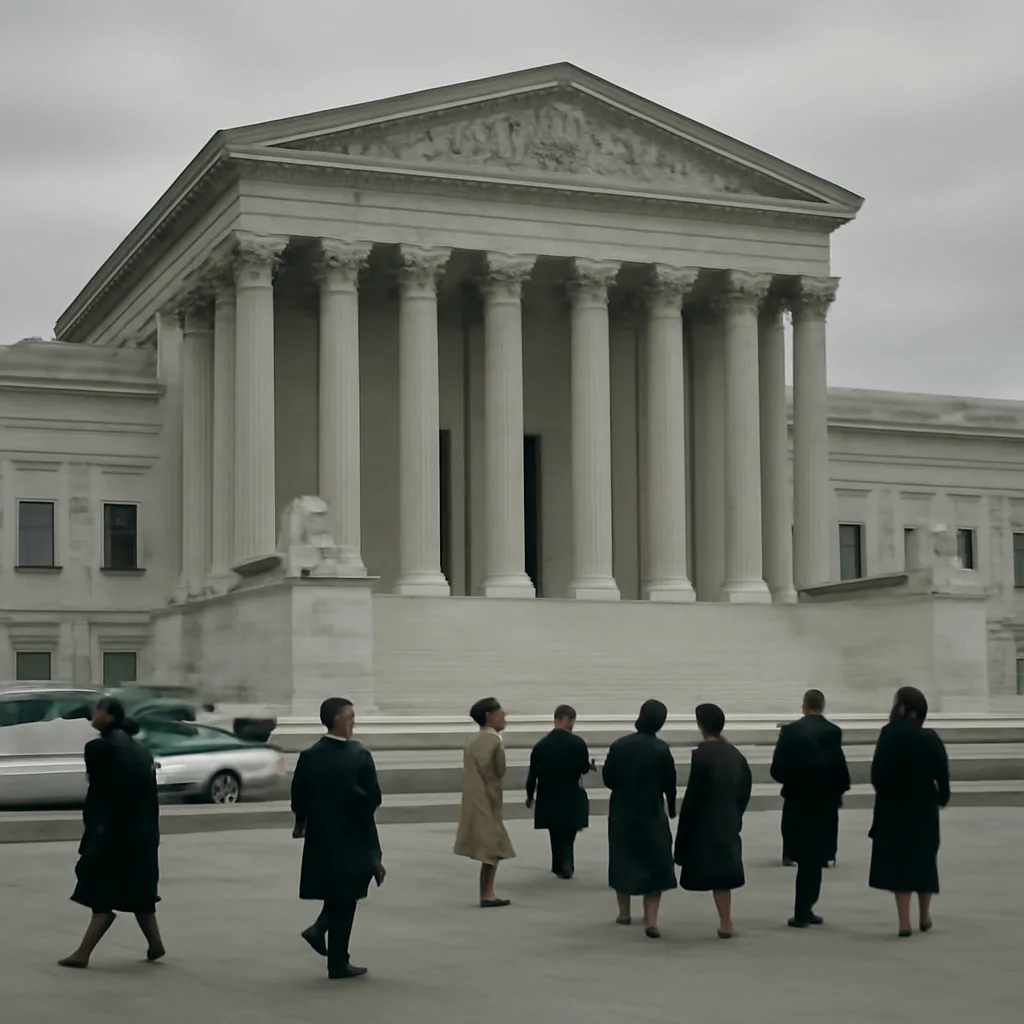 Wide view of the United States Supreme Court building exterior in the 1960s, showing the façade, steps and people on the plaza in period dress.