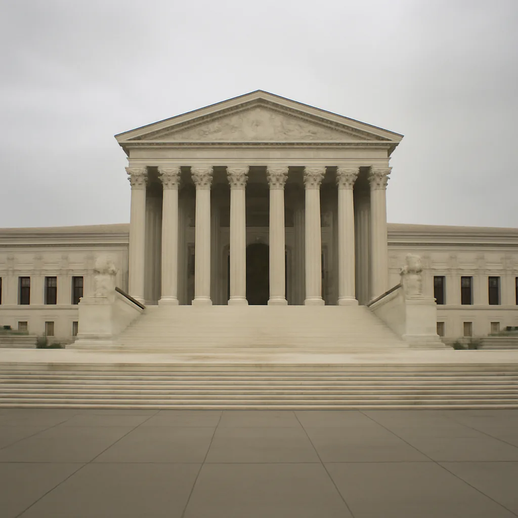 Exterior view of the United States Supreme Court building in Washington, D.C., a classical marble façade and steps under an overcast sky.