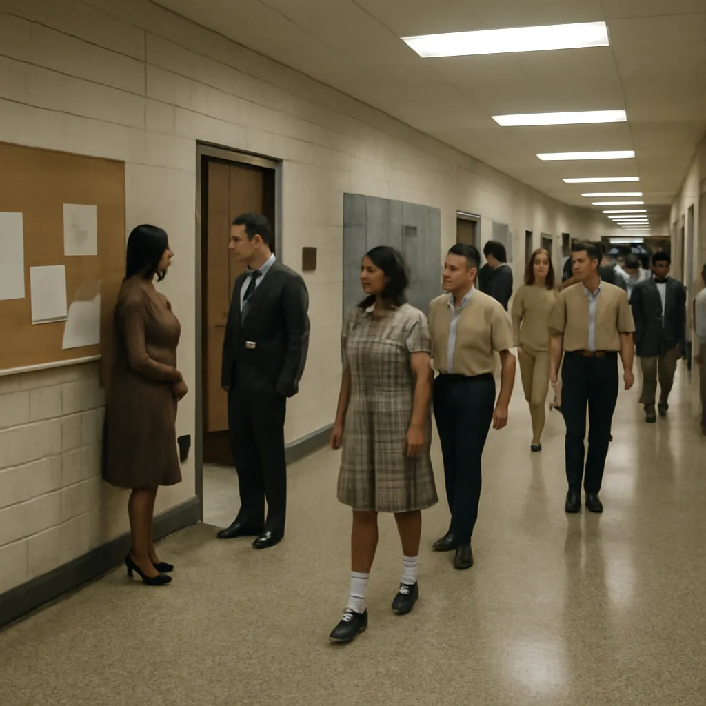 1960s-era school corridor with students of different races and teachers conversing near lockers and classrooms, illustrating school integration efforts in the late 1960s.